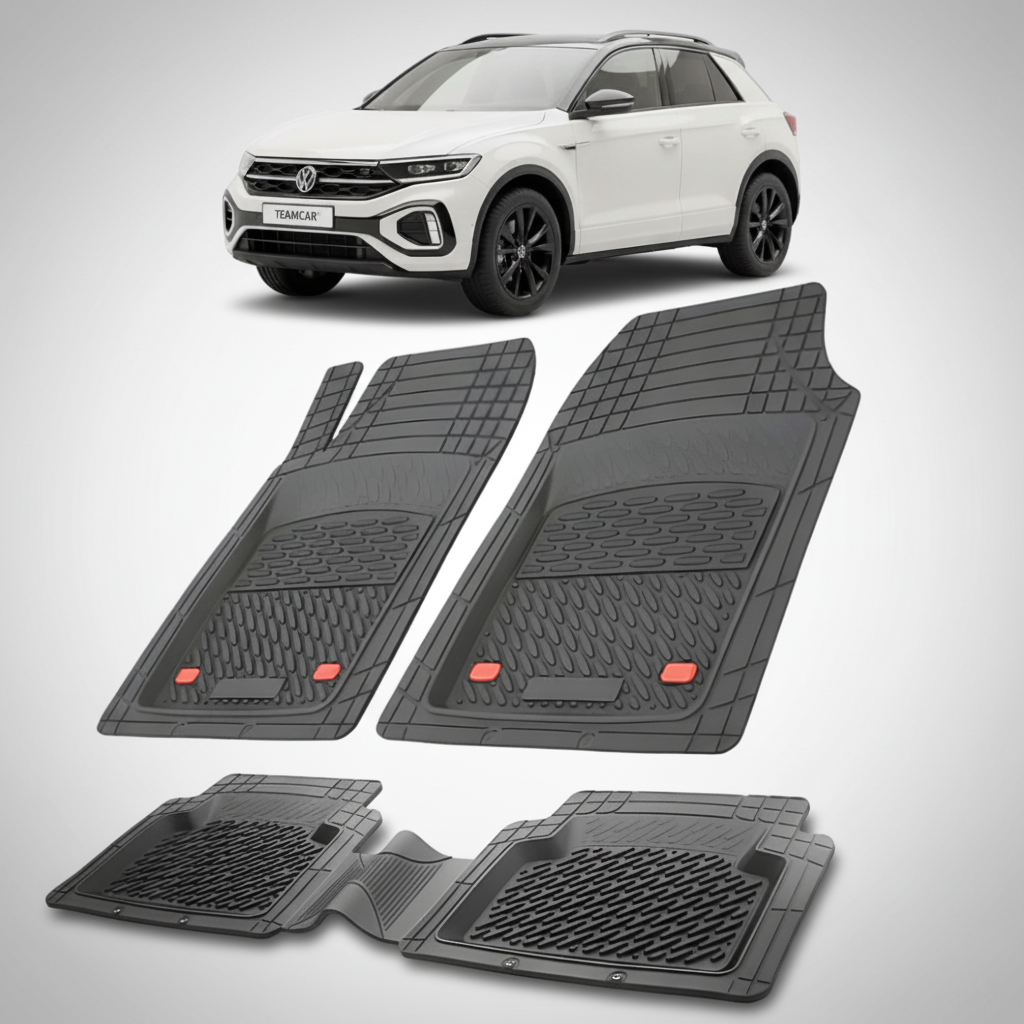 set de covorase din cauciuc negre cu un volkswagen t-roc alb in fundal
