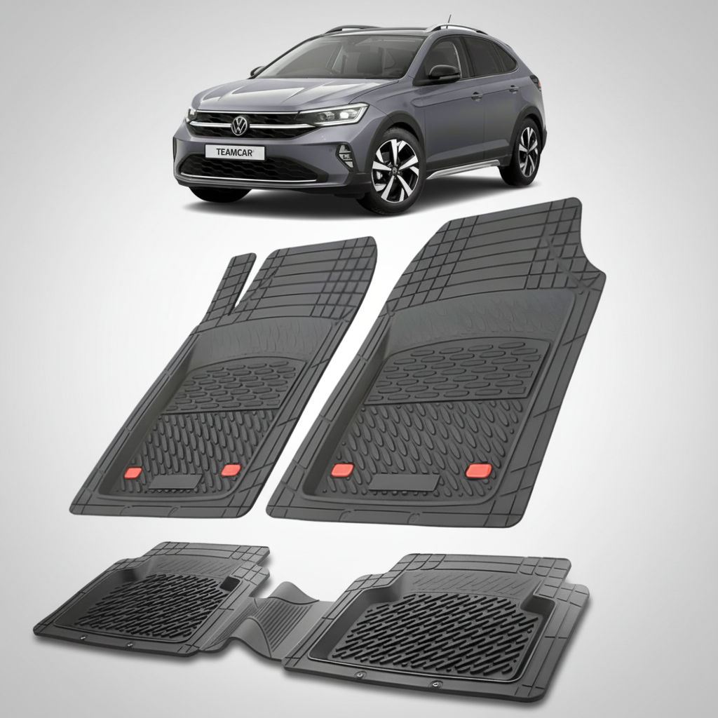 set de covorase din cauciuc negre cu un volkswagen taigo cs suv coupe gri inchis in fundal