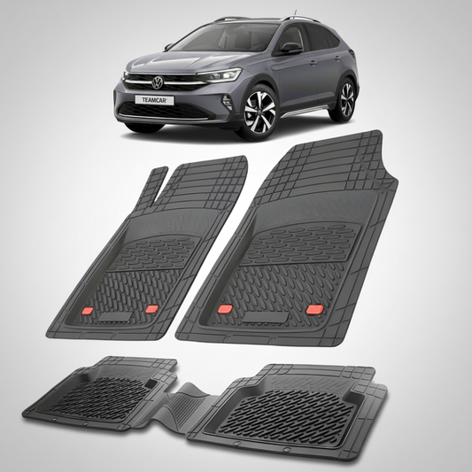 set de covorase din cauciuc negre cu un volkswagen taigo cs suv coupe gri inchis in fundal