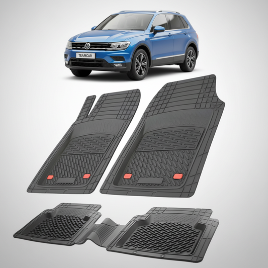 set de covorase din cauciuc negre cu un volkswagen tiguan 2 albastru in fundal