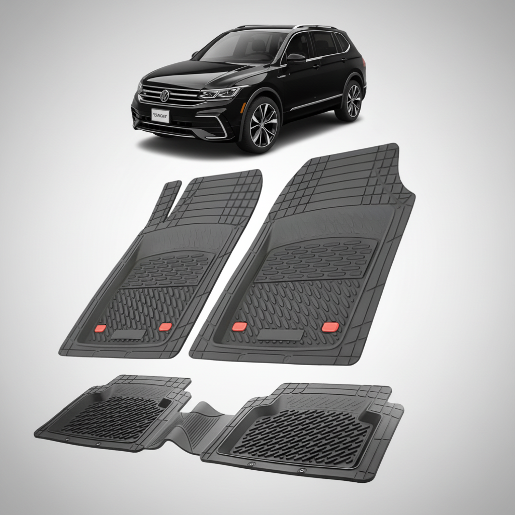 set de covorase din cauciuc negre cu un volkswagen tiguan bw2 negru in fundal
