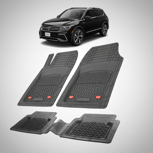 set de covorase din cauciuc negre cu un volkswagen tiguan bw2 negru in fundal