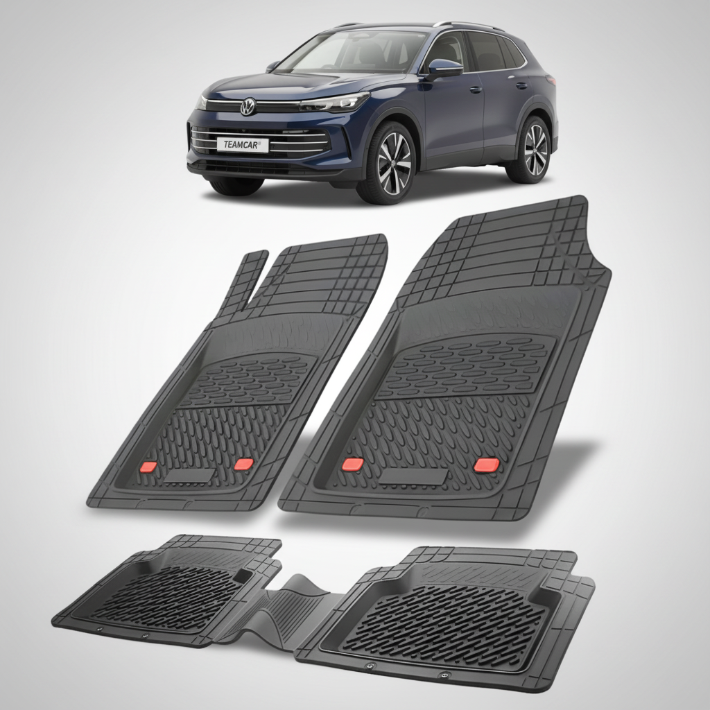set de covorase din cauciuc negre cu un volkswagen tiguan bw3 suv albastru inchis in fundal