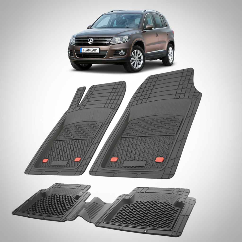 set de covorase din cauciuc negre cu un volkswagen tiguan 1 maro inchis in fundal