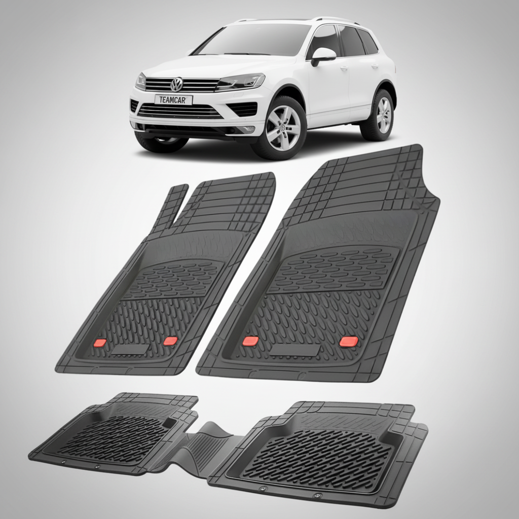 set de covorase din cauciuc negre cu un volkswagen Touareg 2 alb in fundal