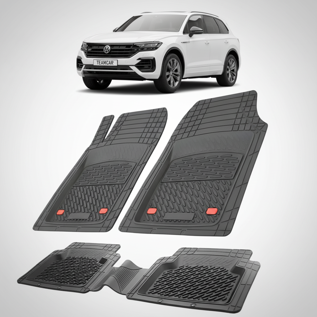 set de covorase din cauciuc negre cu un volkswagen Touareg 3 alb in fundal