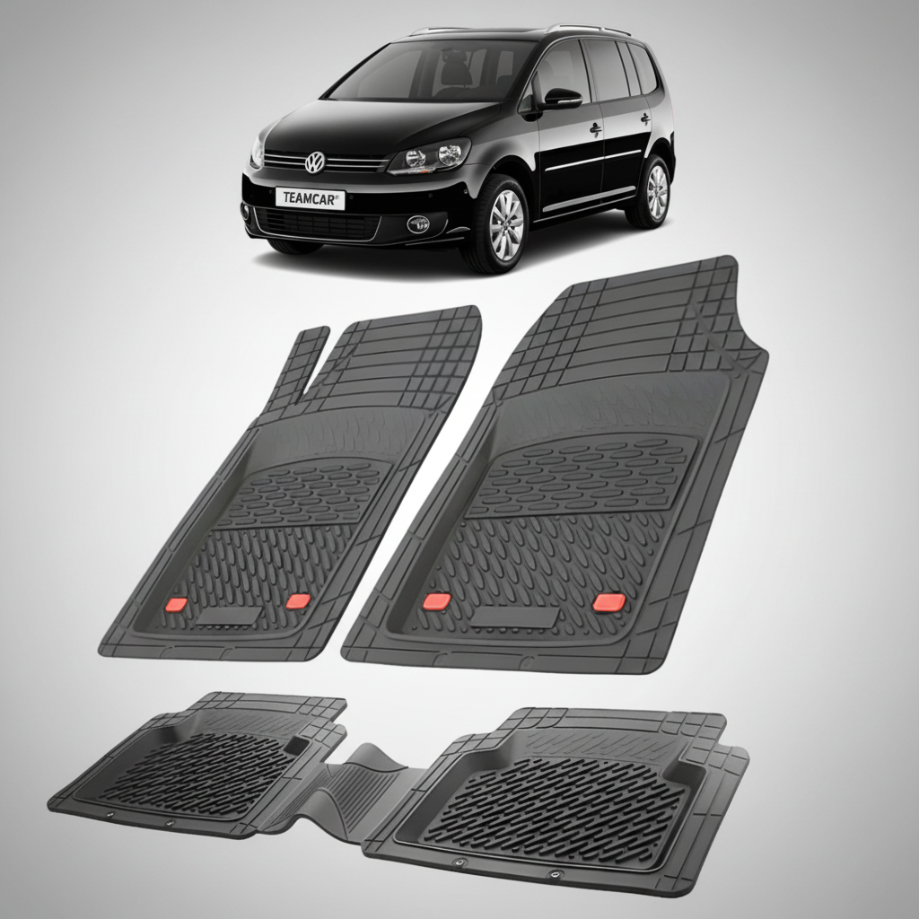 set de covorase din cauciuc negre cu un volkswagen touran 1t mpv negru in fundal