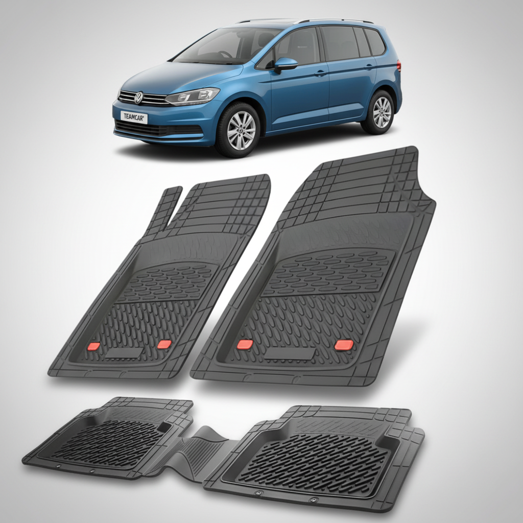 set de covorase din cauciuc negre cu un volkswagen touran 5t mpv albastru in fundal