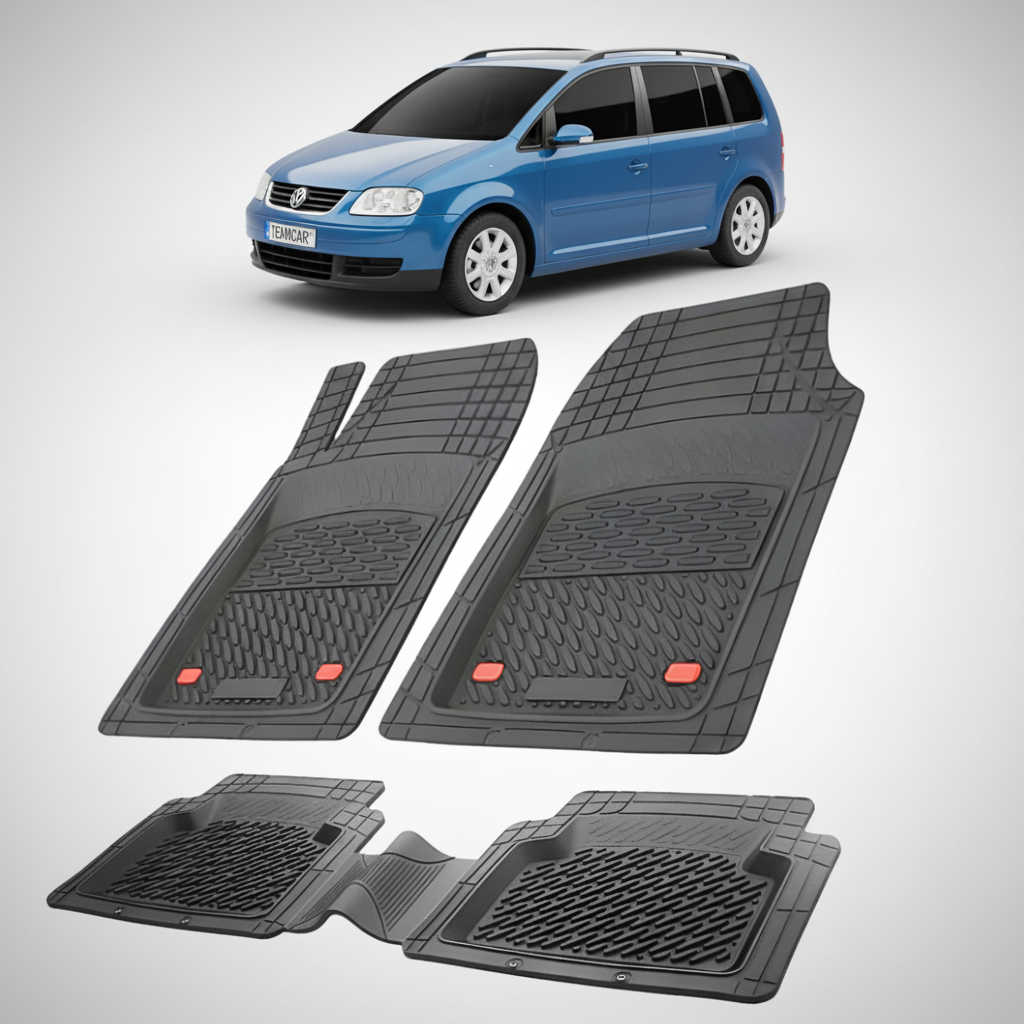 set de covorase din cauciuc negre cu un volkswagen touran I albastru in fundal