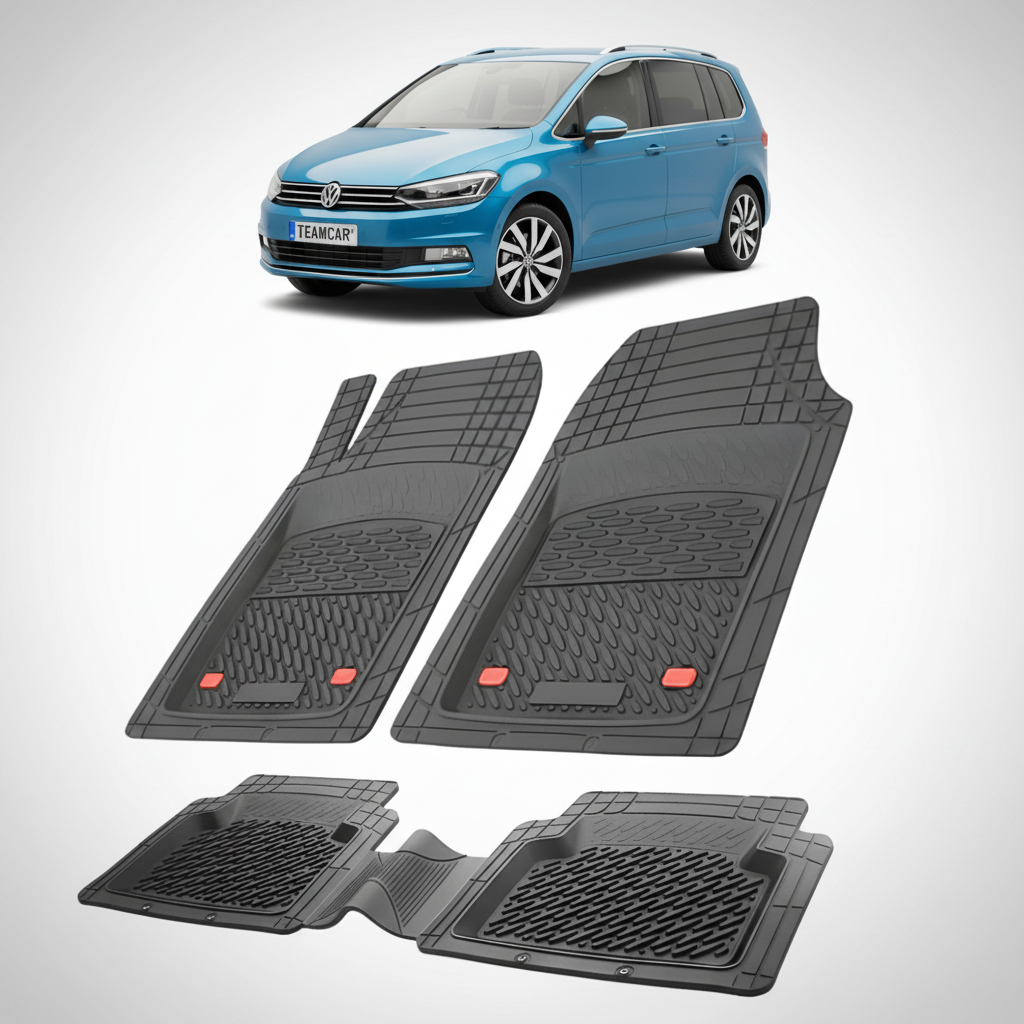 set de covorase din cauciuc negre cu un Volkswagen touran ii albastru in fundal