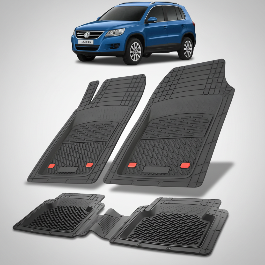 Set of black car floor mats with a blue SUV in the background
