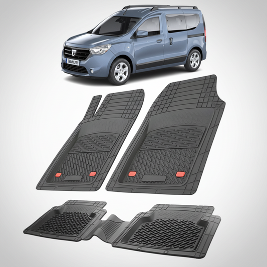 set de covorase din cauciuc negre cu o dacia dokker albastra in fundal