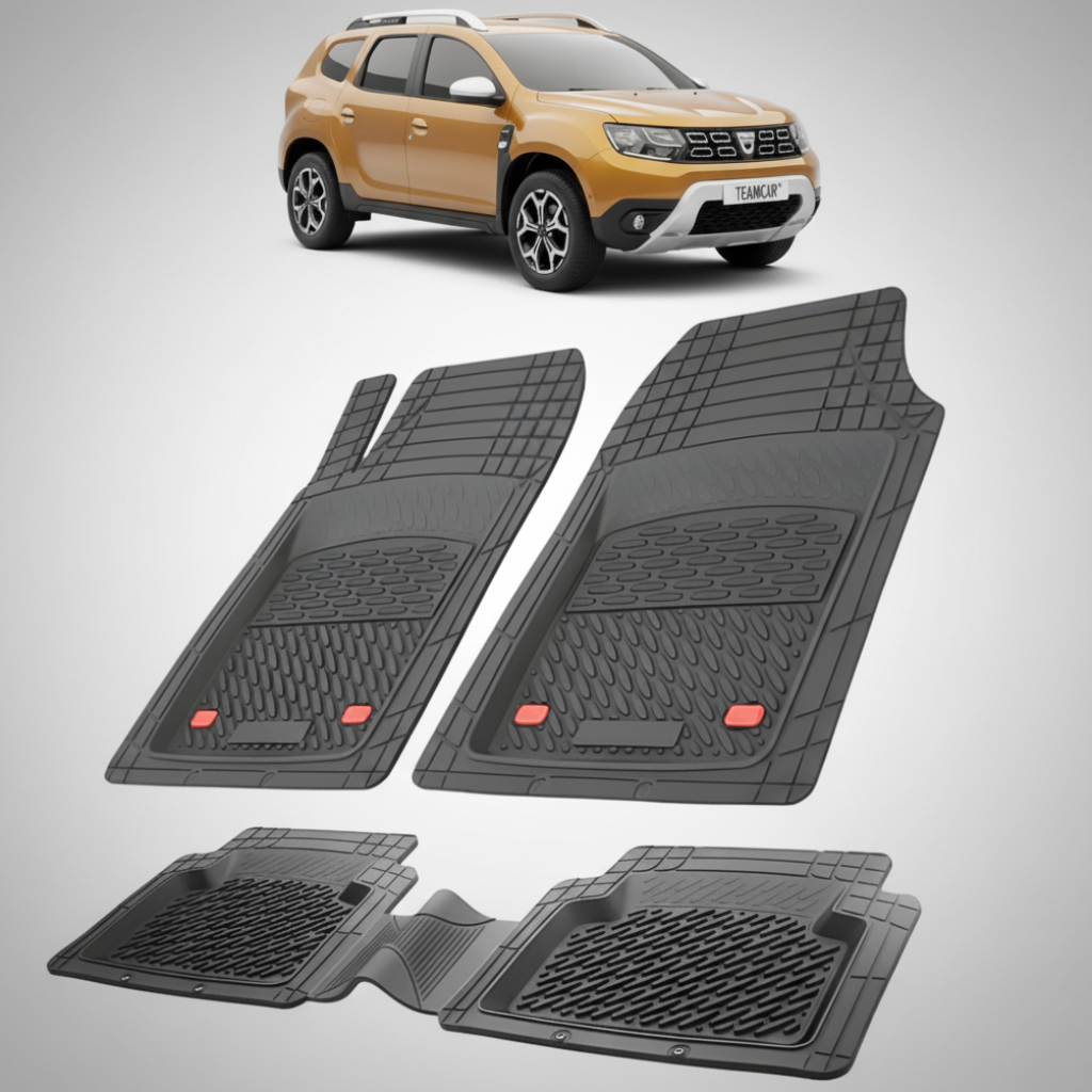 set de covorase din cauciuc negre cu o dacia duster ii suv auriu in fundal