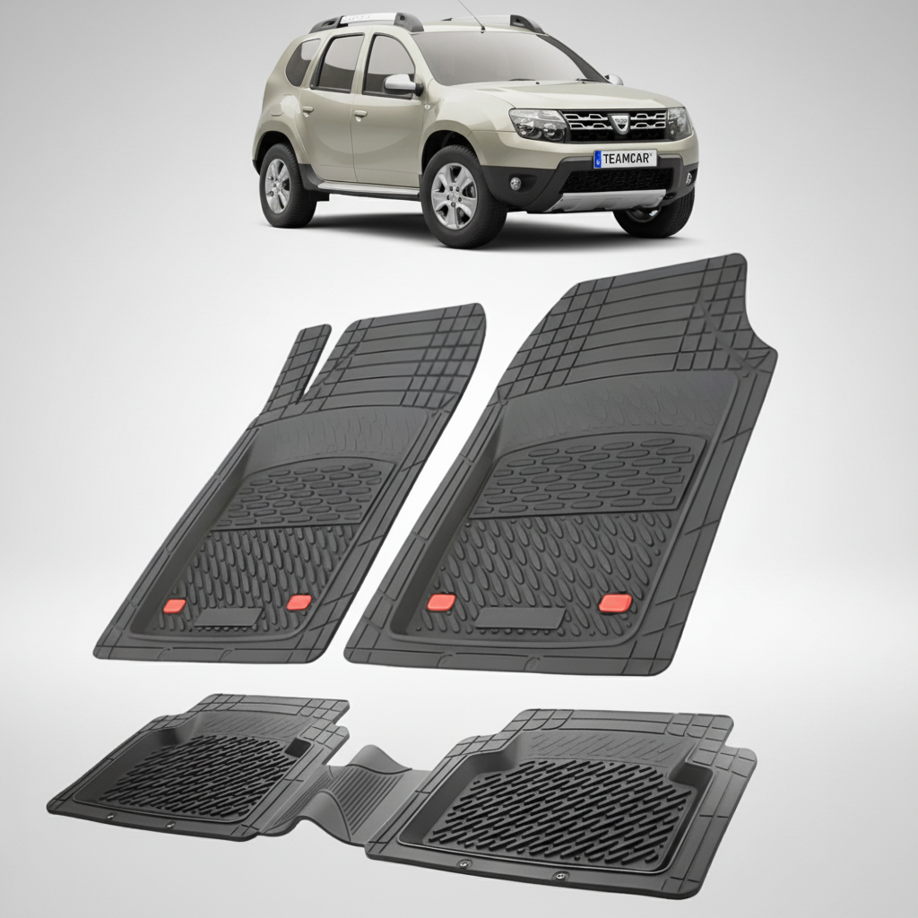 set de covorase din cauciuc negre cu o dacia duster maro deschis in fundal