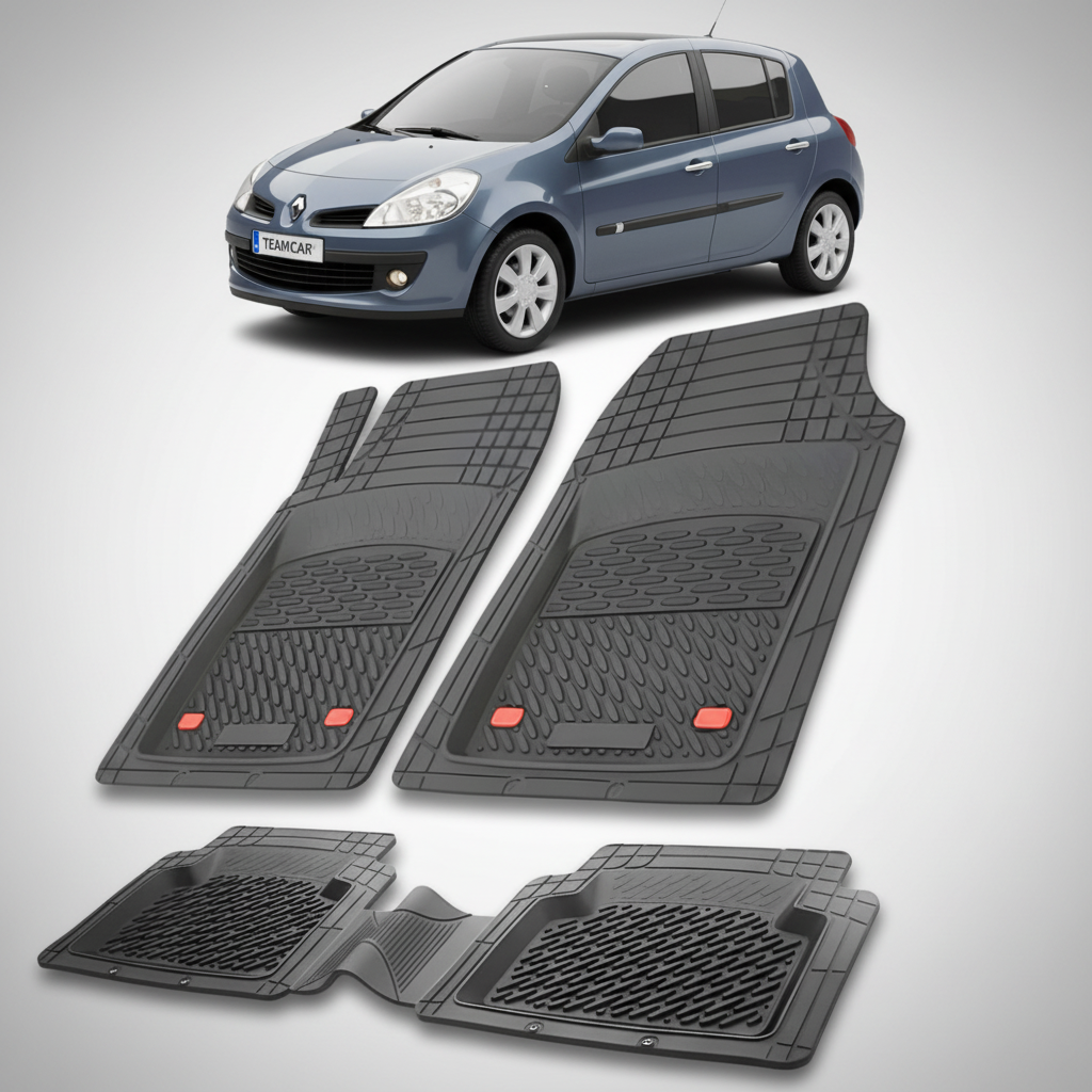 set de covorase din cauciuc negre cu o renault clio iii hatchback albastra in fundal