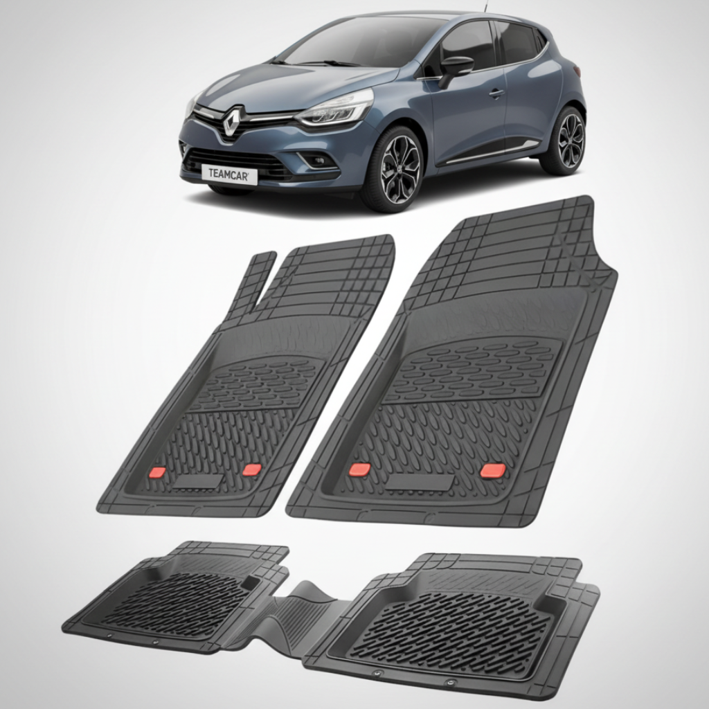 set de covorase din cauciuc negre cu o renault clio iv hatchback albastra in fundal