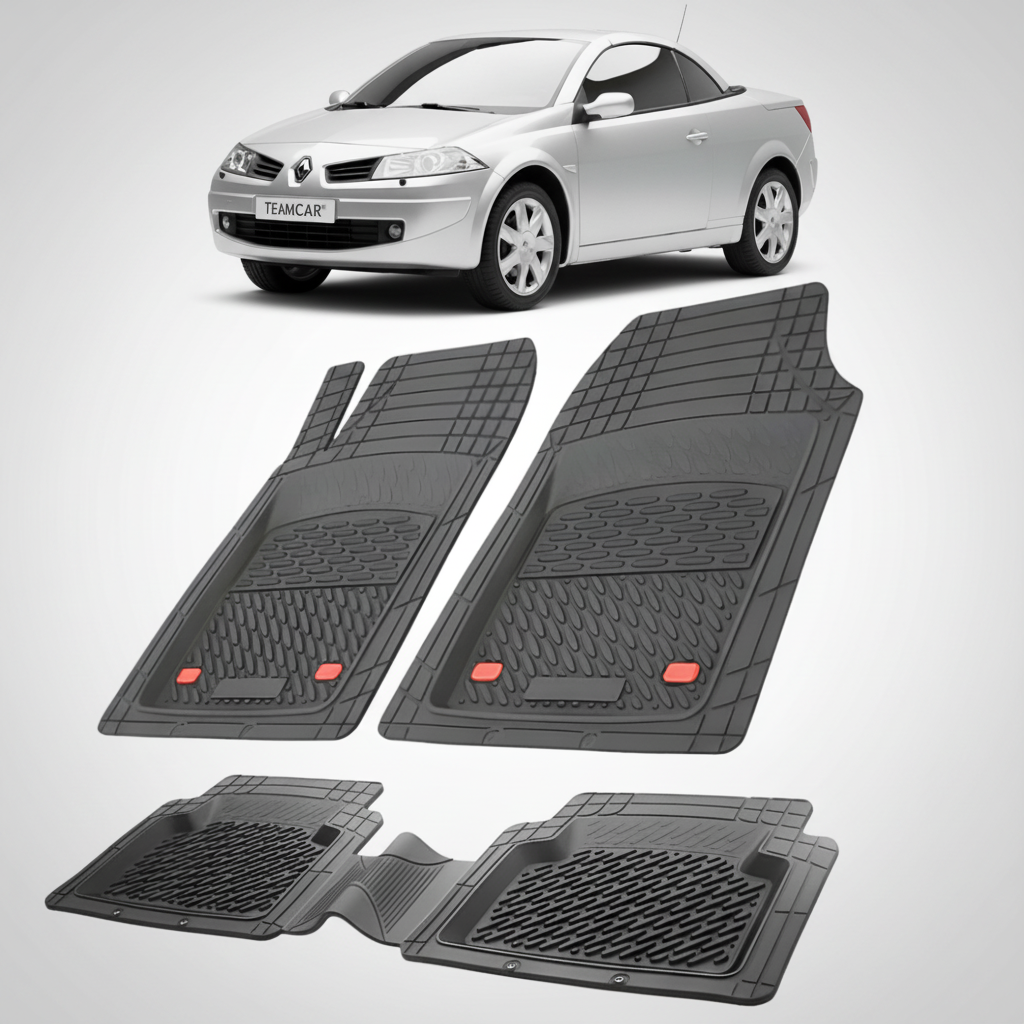 set de covorase din cauciuc negre cu o renault megane ii coupe-cabriolet argintiu in fundal