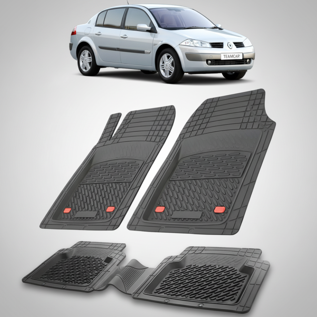 set de covorase din cauciuc negre cu o renault megane ii sedan gri in fundal