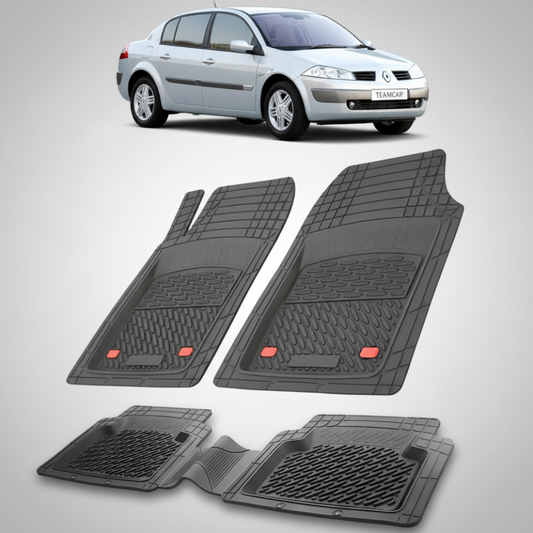 set de covorase din cauciuc negre cu o renault megane ii sedan gri in fundal