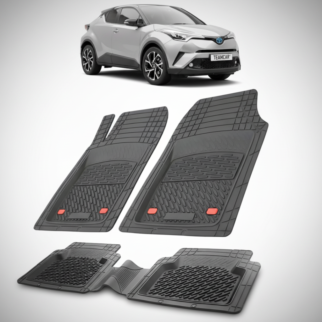 set de covorase din cauciuc negre cu o toyota c-hr ax10suv compact gri in fundal