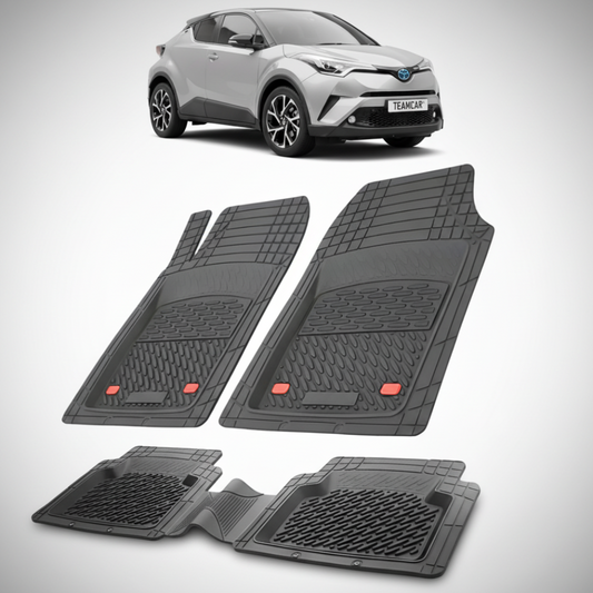 set de covorase din cauciuc negre cu o toyota c-hr ax10suv compact gri in fundal