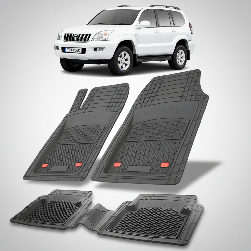 set de covorase din cauciuc negre cu o toyota land cruiser j120 alba in fundal