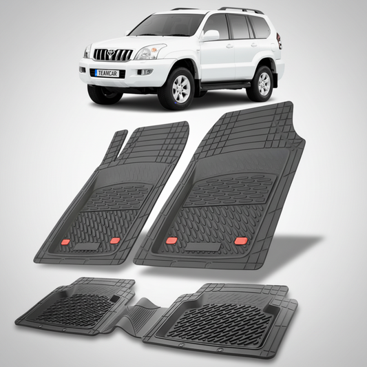 set de covorase din cauciuc negre cu o toyota land cruiser j120 alba in fundal