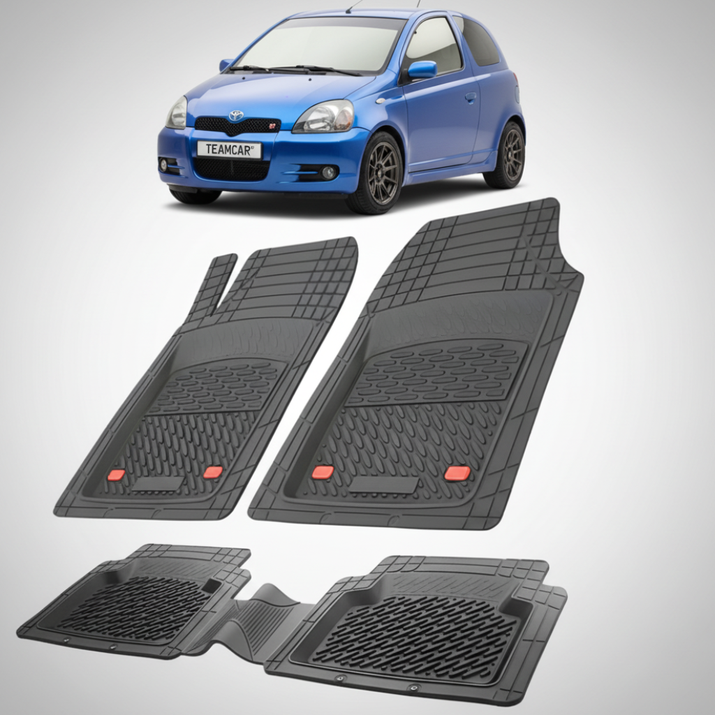 set de covorase din cauciuc negre cu o toyota yaris xp10 hatchback albastra in fundal