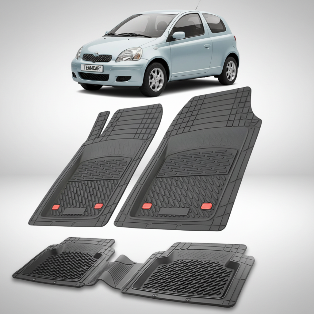 set de covorase din cauciuc negre cu o toyota yaris xp10 hatchback albastru deschis in fundal