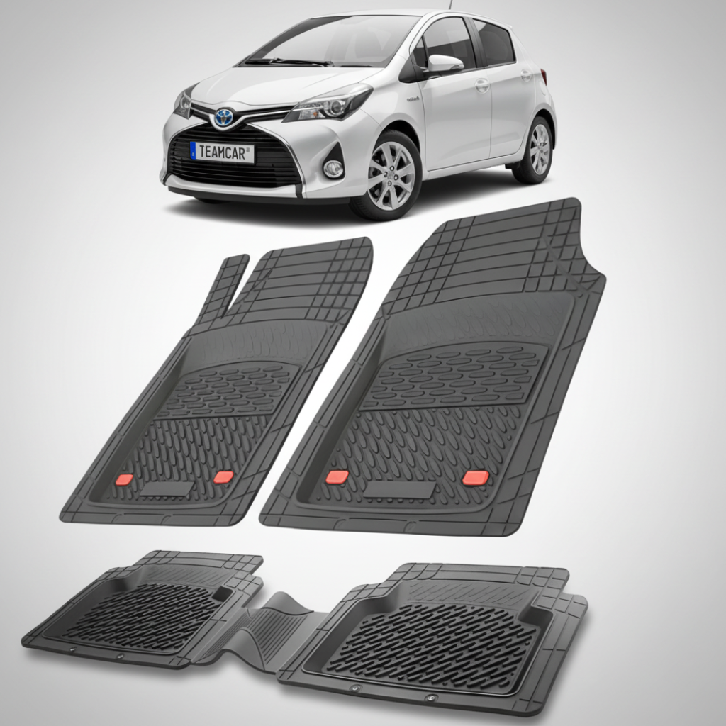 set de covorase din cauciuc negre cu o toyota yaris xp130 hatchback alba in fundal