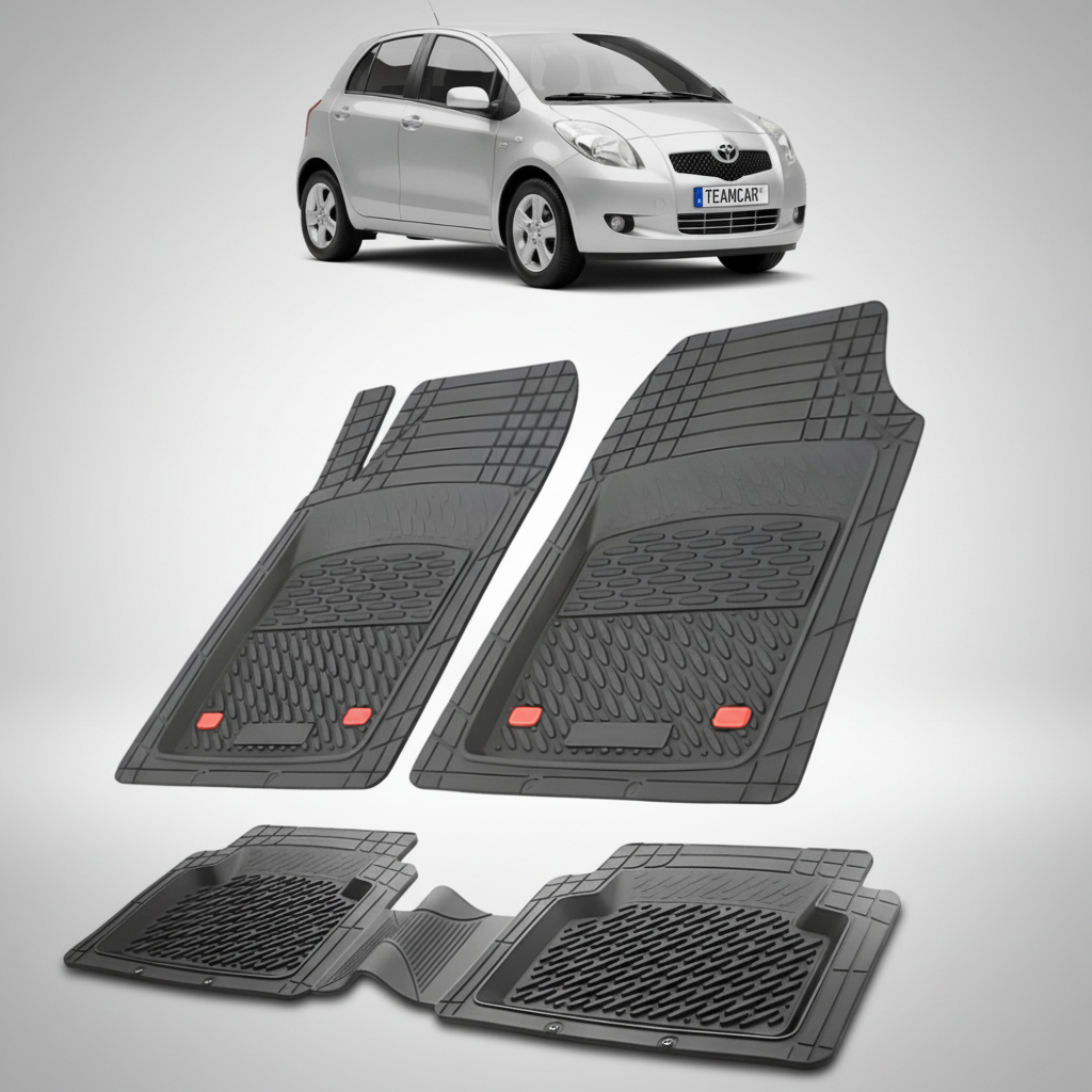 set de covorase din cauciuc negre cu o toyota yaris xp90 hatchback gri in fundal