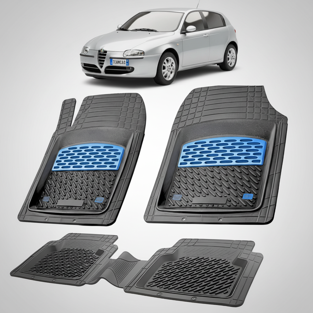 set de covorase din cauciuc negre cu accente albastre cu o alfa romeo 147 hatchback argintiu in fundal
