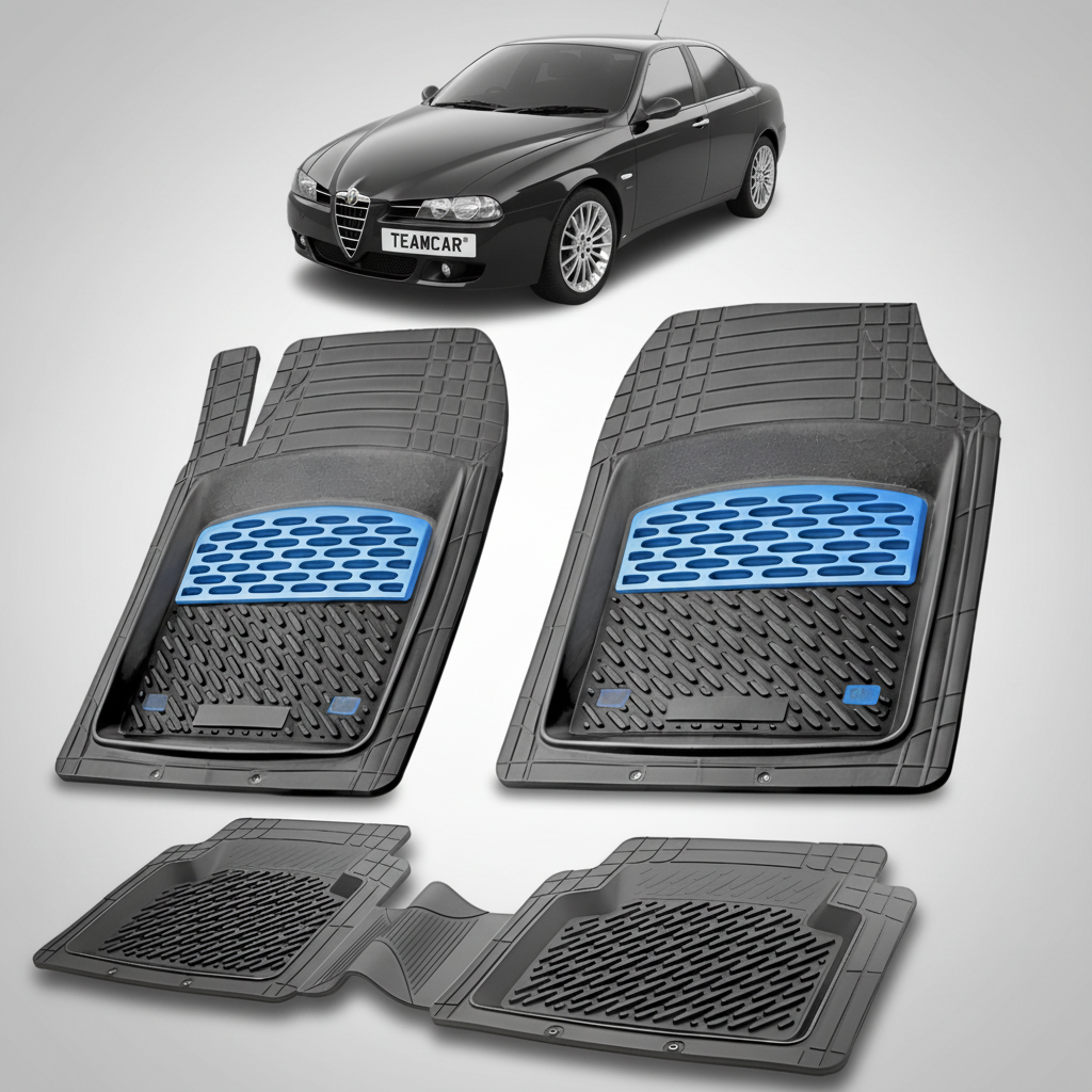set de covorase din cauciuc negre cu accente albastre cu o alfa romeo 156 sedan negru in fundal