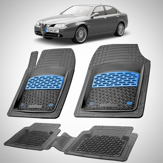 set de covorase din cauciuc negre cu accente albastre cu o alfa romeo 166 sedan gri in fundal