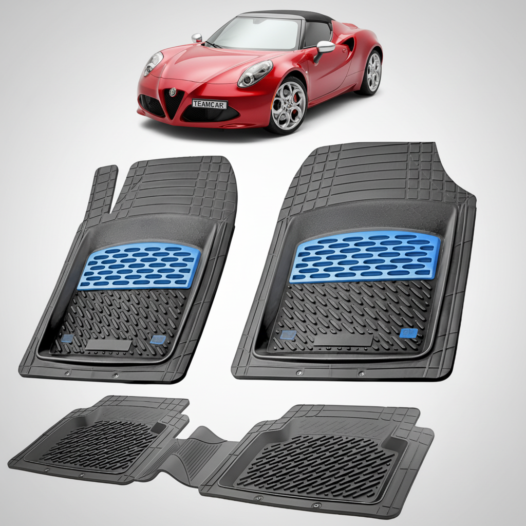 set de covorase din cauciuc negre cu accente albastre cu o alfa romeo 4c spider rosu in fundal