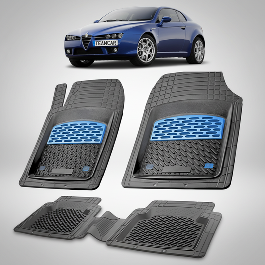 set de covorase din cauciuc negre cu accente albastre cu o alfa romeo brera albastra in fundal