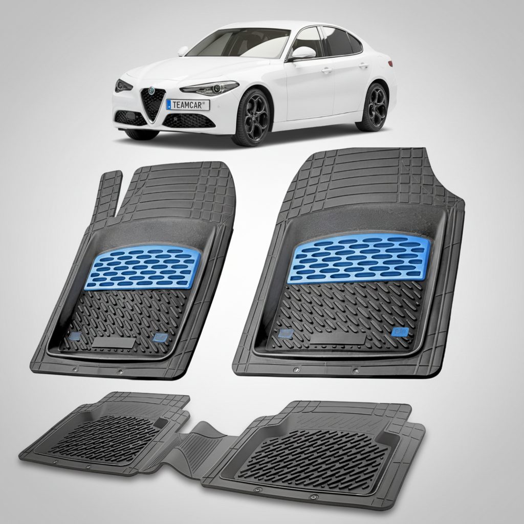set de covorase din cauciuc negre cu accente albastre cu o alfa romeo giulia alba in fundal