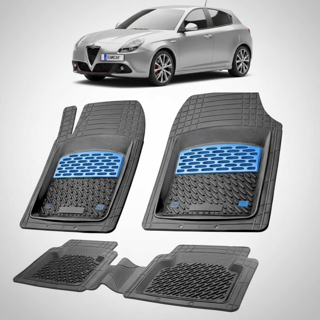 set de covorase din cauciuc negre cu accente albastre cu o alfa romeo giulietta hatchback gri in fundal