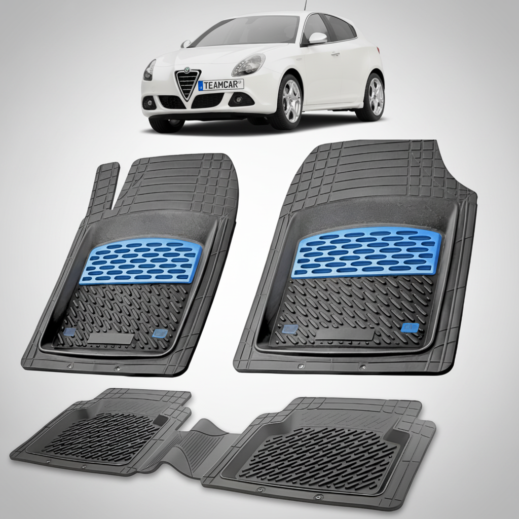 set de covorase din cauciuc negre cu accente albastre cu o alfa romeo giulietta hatchback alba in fundal