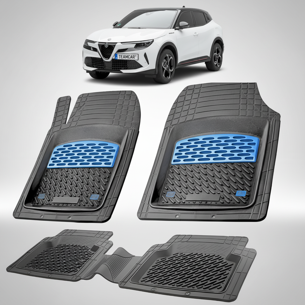 set de covorase din cauciuc negre cu accente albastre cu o alfa romeo junior suv alb in fundal