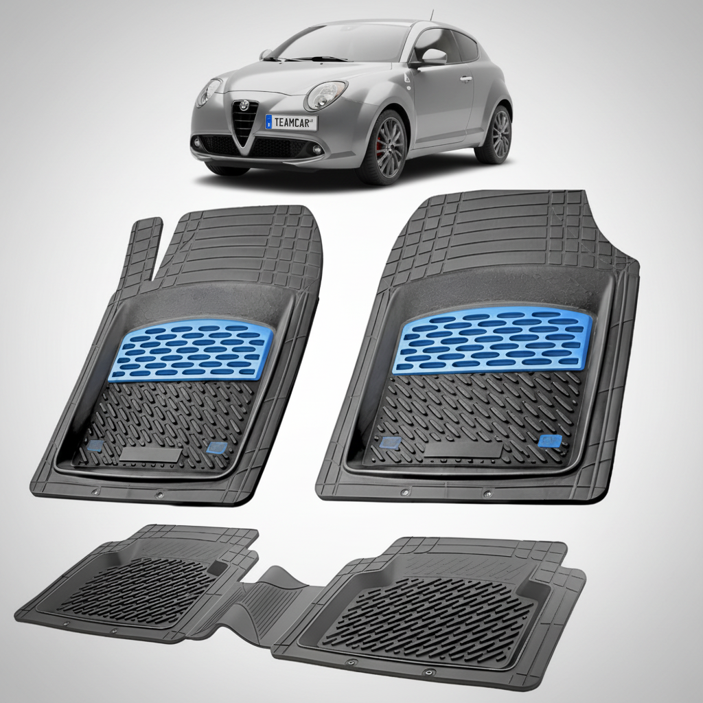 set de covorase din cauciuc negre cu accente albastre cu o alfa romeo mito hatchback gri in fundal