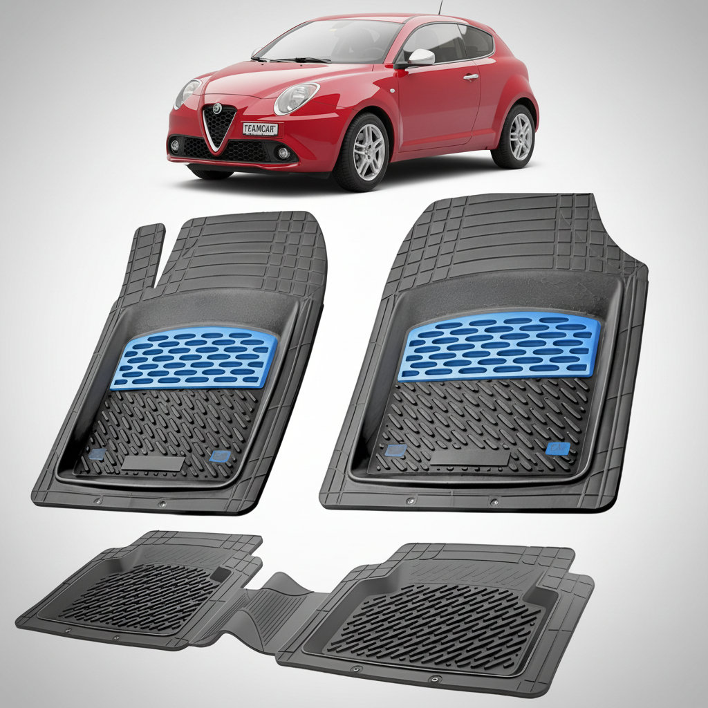 set de covorase din cauciuc negre cu accente albastre cu o alfa romeo mito hatchback rosu in fundal
