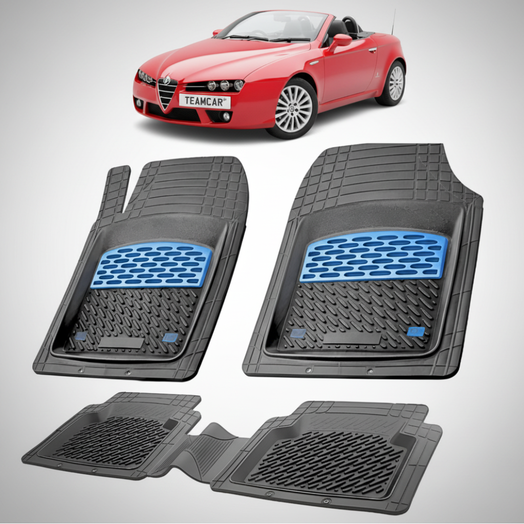set de covorase din cauciuc negre cu accente albastre cu o alfa romeo spider cabrio rosie in fundal