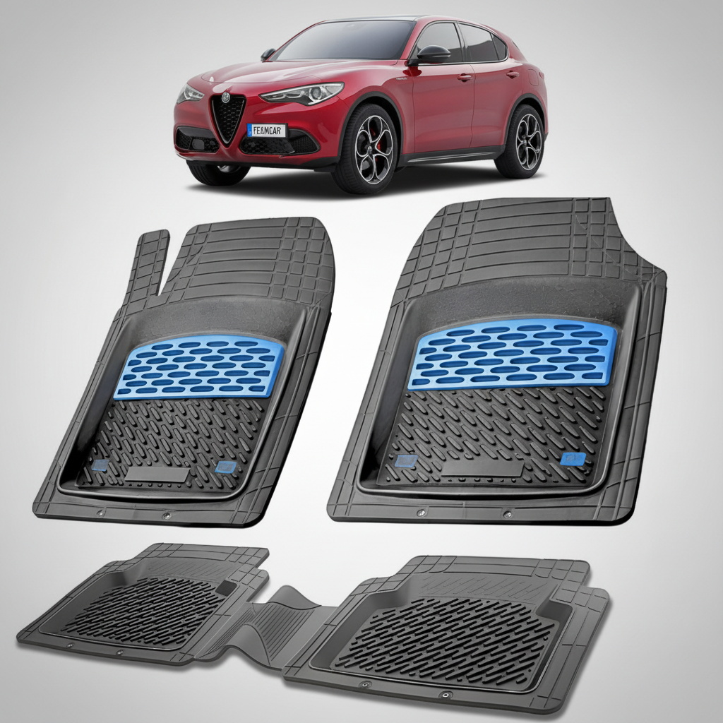 set de covorase din cauciuc negre cu accente albastre cu o alfa romeo stelvio suv rosie in fundal