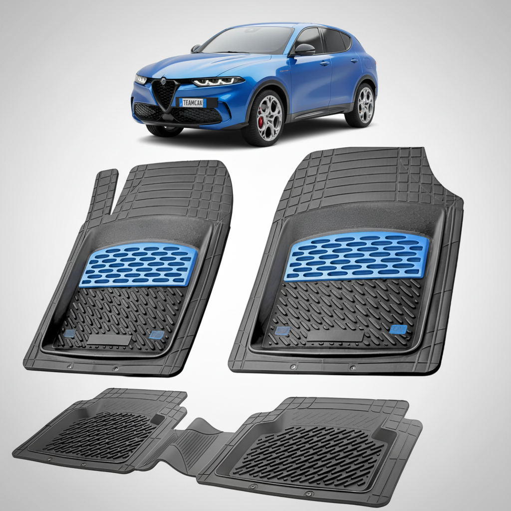 fekete gumiszőnyegek kék díszítéssel, háttérben egy kék Alfa Romeo tónusú SUV-val