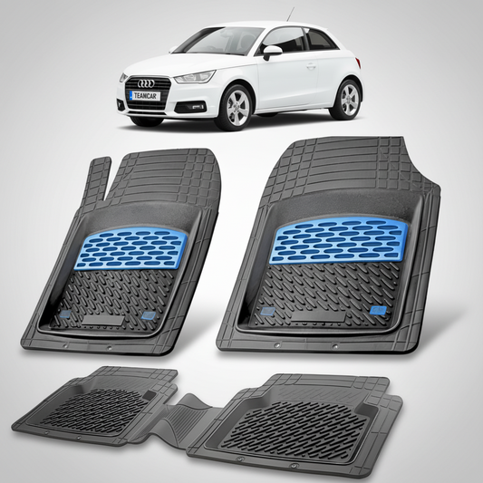 set de covorase din cauciuc negre cu accente albastre cu un audi a1 8x hatchback  3 usi alb in fundal