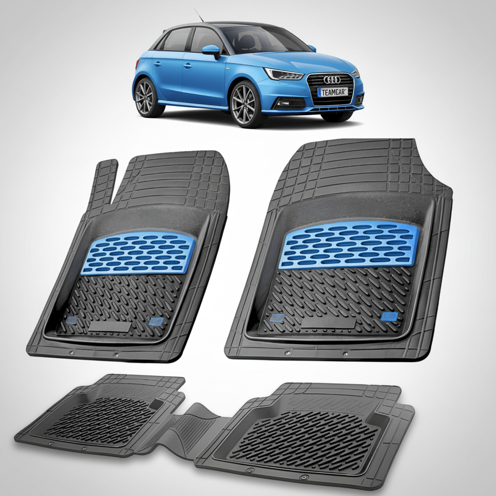 set de covorase din cauciuc negre cu accente albastre cu un audi a1 8x hatchback  5 usi albastru in fundal