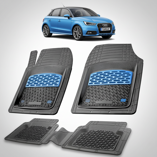 set de covorase din cauciuc negre cu accente albastre cu un audi a1 8x hatchback  5 usi albastru in fundal