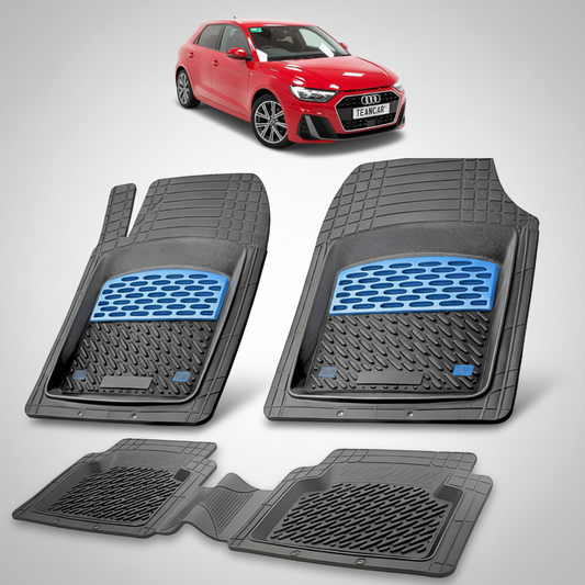 set de covorase din cauciuc negre cu accente albastre cu un audi a1 gb hatchback  5 usi rosu in fundal