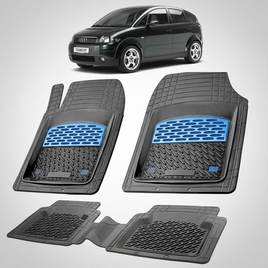 set de covorase din cauciuc negre cu accente albastre cu un audi a2 negru in fundal